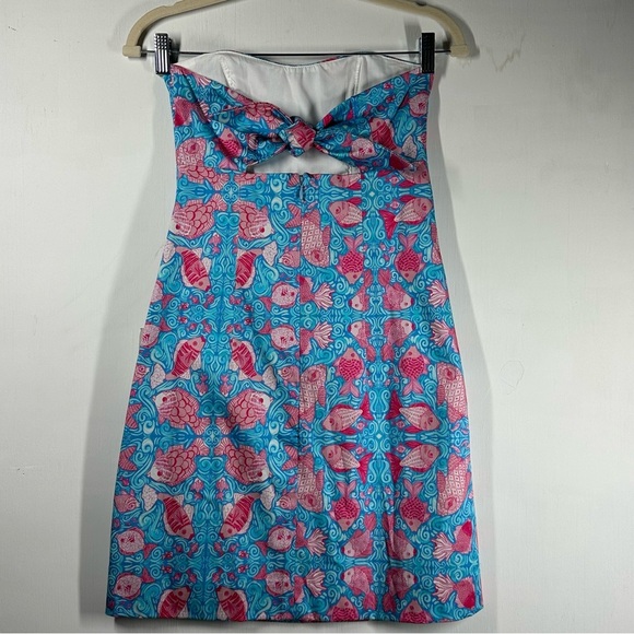NWT Kaeli Smith Mini Strapless Dress Women's 2 Blue Pink Tropical Cruise Beach - Picture 6 of 10
